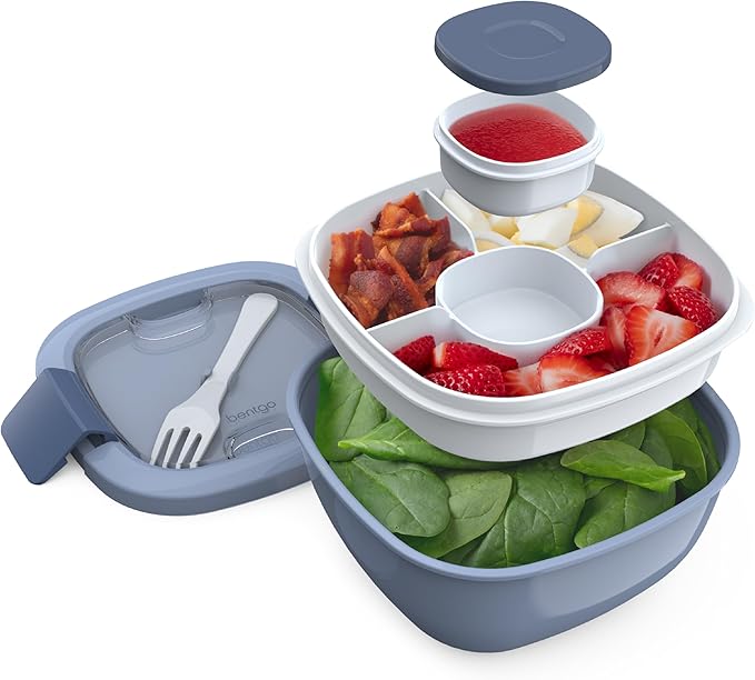 Bentgo Salad Container - 54 oz Bowl with 4-Compartment Toppings Tray, Leak-Proof Dressing Container, Reusable Fork, BPA-Free Lunch Box for Meal Prep & Food Storage; Removable Bento Tray (Slate)