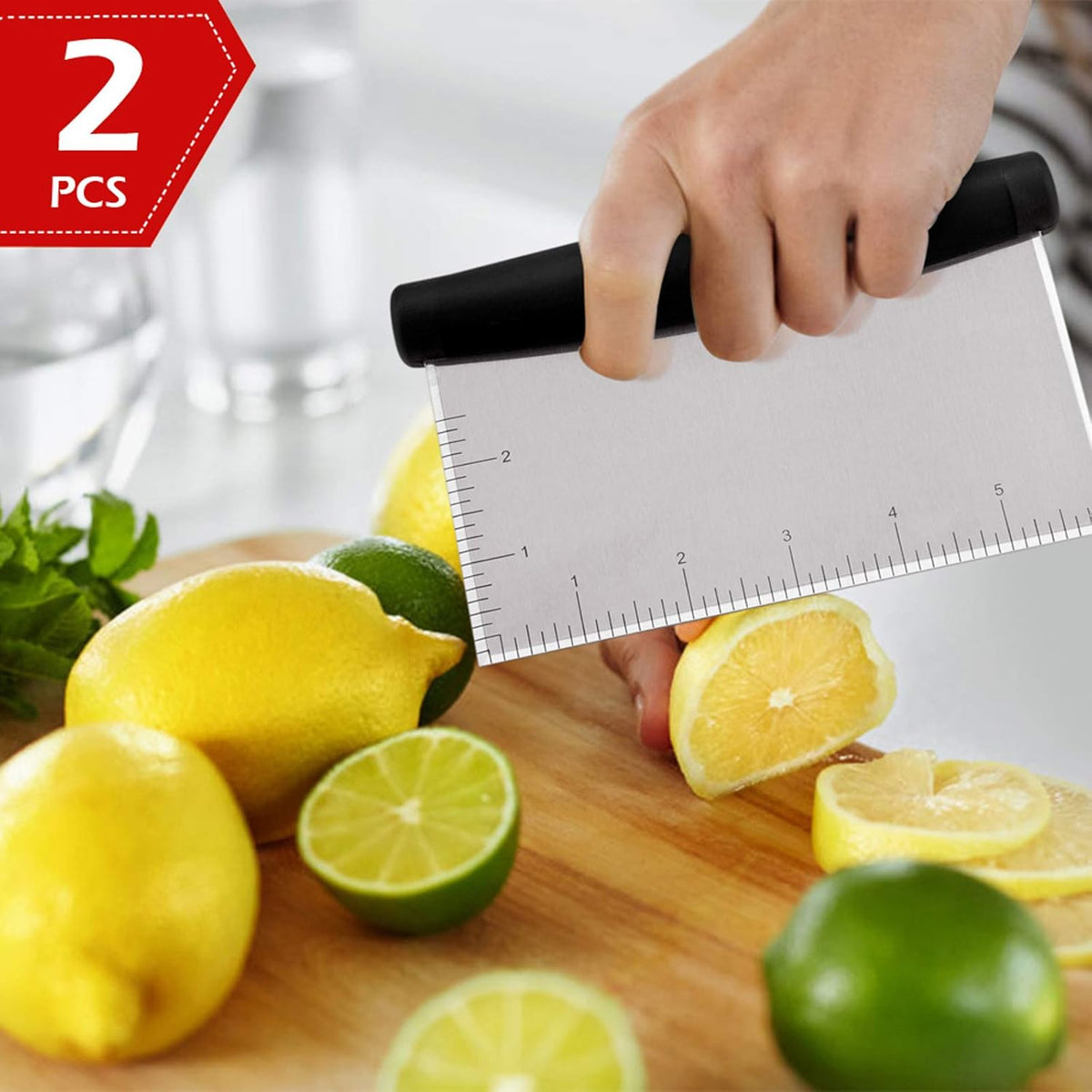 Metal Griddle Scraper Chopper, HaSteeL Stainless Steel Dough Bench Scraper Pastry Cutter with Measuring Marks, Multi-purpose Kitchen Tool for Flat Top Grilling/Baking/Cooking, Dishwasher Safe (2-Pack)