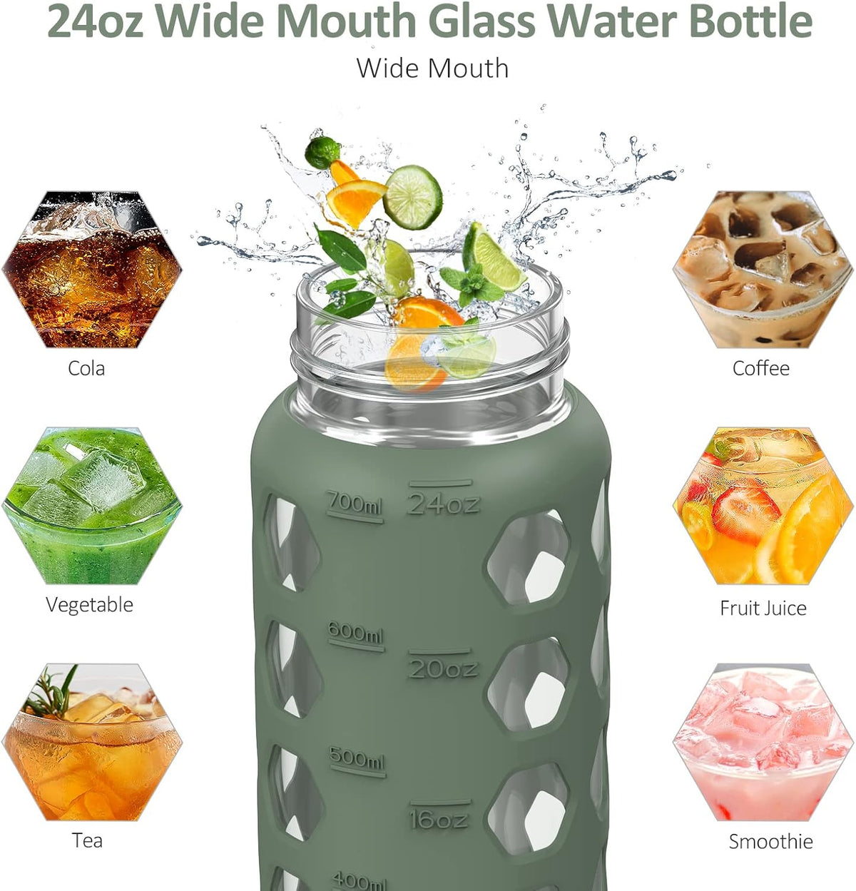 MUKOKO 24oz Glass Water Bottle with 2 Lids-Handle Flip Lid&Bamboo Straw Lid,Motivational Water Tumbler with Time Marker Reminder and Silicone Sleeve, Leakproof-Olive