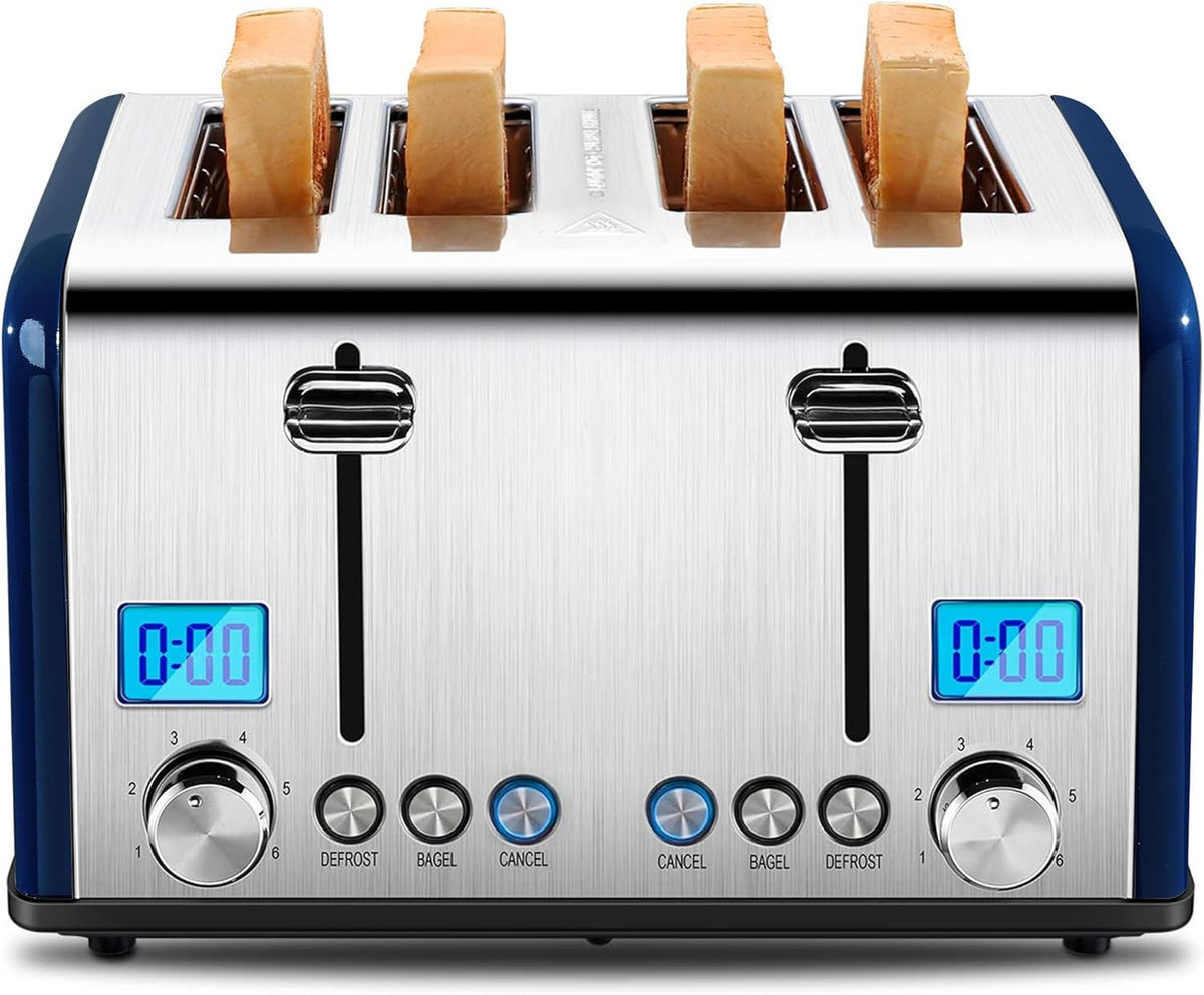 Countdown Stainless Steel 4 Slice Toaster with Bagel, Defrost, Cancel Function, Dual Toaster, Extra Wide Slots, 6 Shade Settings, Removable Crumb Trays, 1650W, Blue