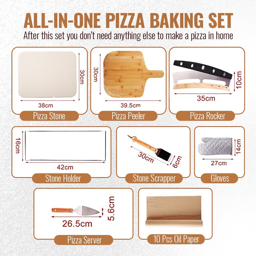 8 PCS Pizza Stone Set, Extra Large 15×12 Inch Pizza Stone for Grill, Rectangle Baking Sone With Pizza Kit for Pizza, Bread, BBQ Grilling, Pizza Peel Set