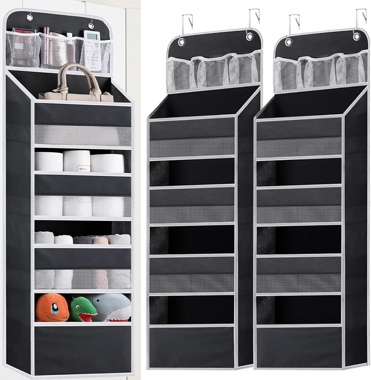 2 Pack Over The Door Organizer, Hanging Storage Organization with Large Capacity Pockets, Swing-Proof Behind Door Storage Shelf for Kicthen Bedroom Nursery Kids Toys Shoes,Black