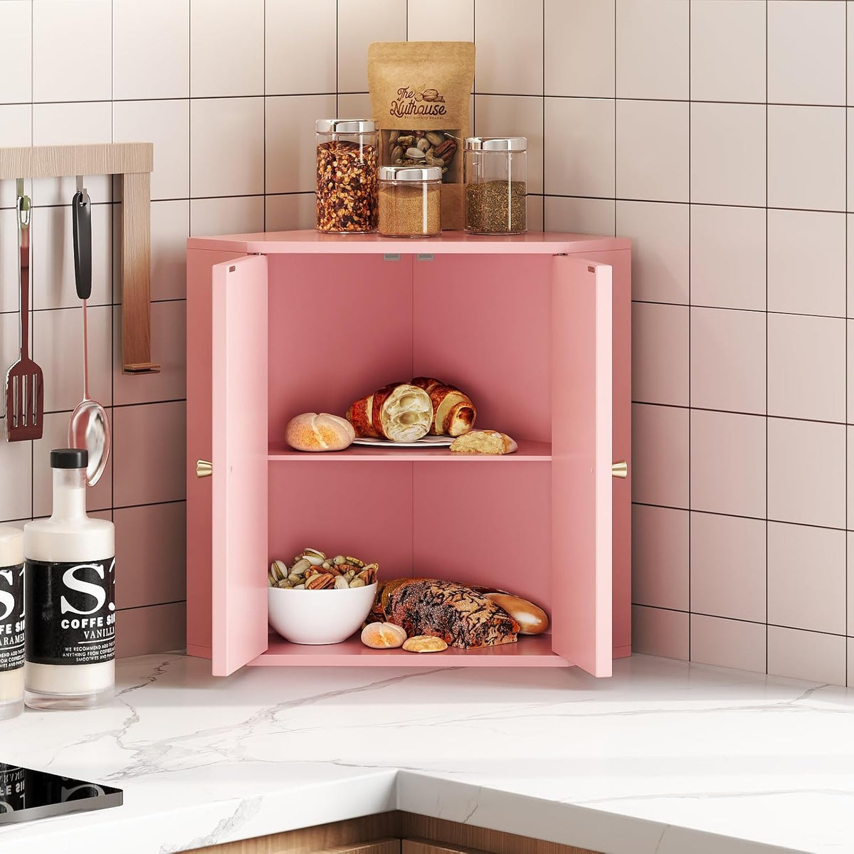 Corner Bread Box for Kitchen Counter Double Layer Bamboo Bread Storage Container Large Capacity Bread Storage Bin Farmhouse Breadbox Organizer (Pink)
