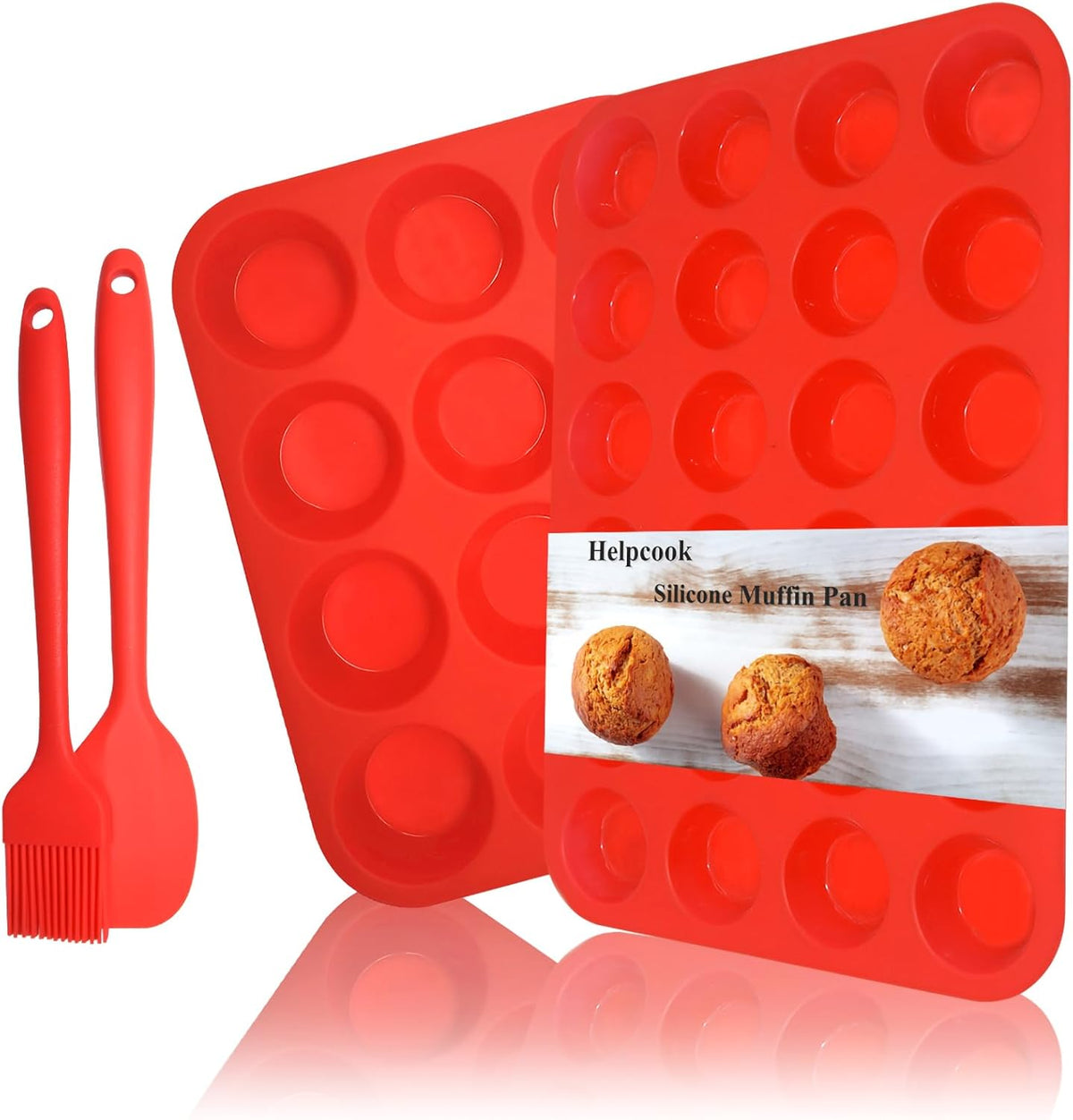 Silicone Muffin Pan Cupcake Set, Non-Stick Regular 12 Cups and Mini 24 Cups,Silicone Baking Molds,BPA Free Muffin Tin with 1 Silicone Spatula & 1 Oil Brush (Red)