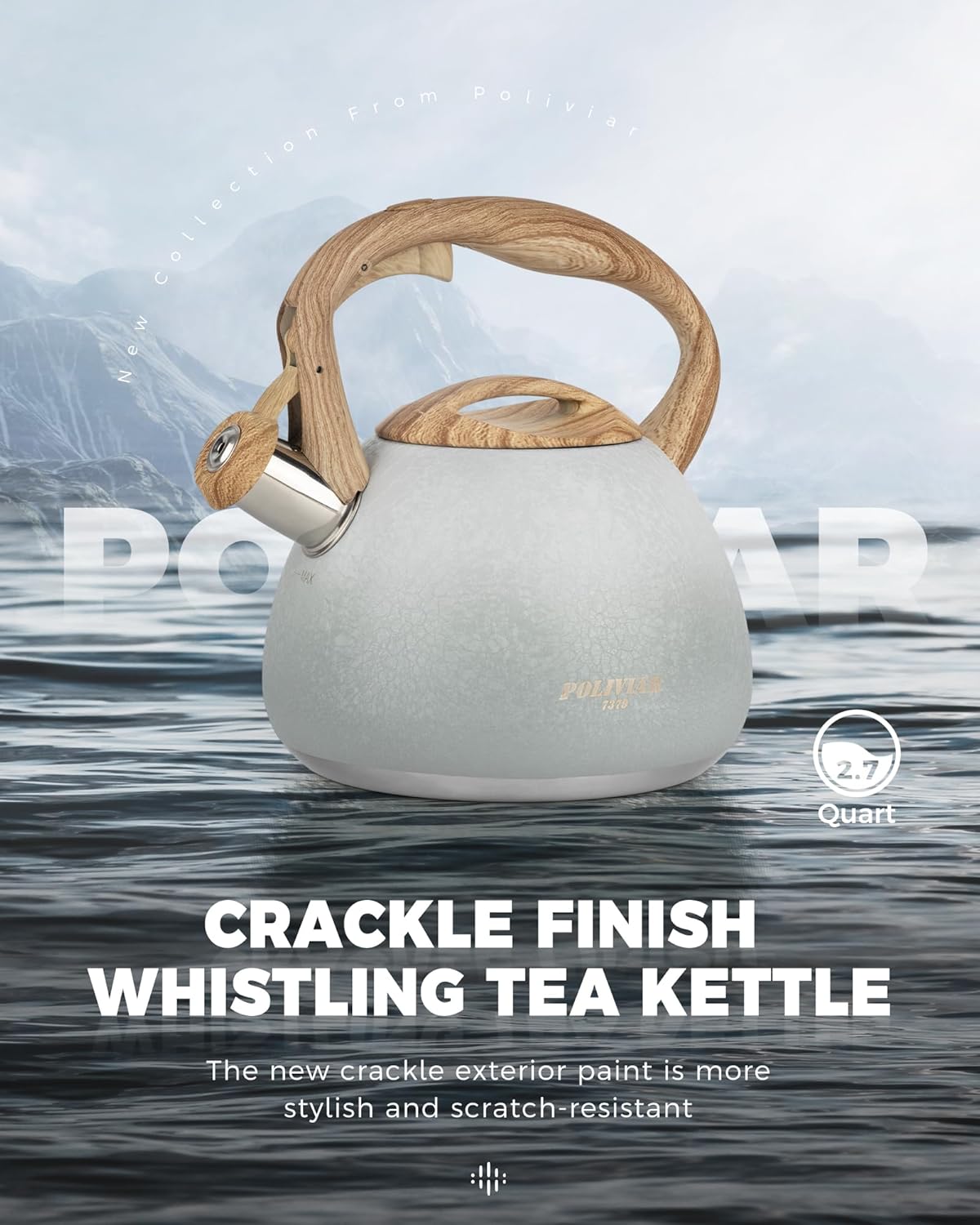 POLIVIAR Tea Kettle, 2.7 Quart Stovetop Tea Kettle, Audible Whistling Teapot with Crackle Finish, Food Grade Stainless Steel for Anti-Rust, Anti Hot Handle, Suitable for All Heat Sources (JX2023-LYW)