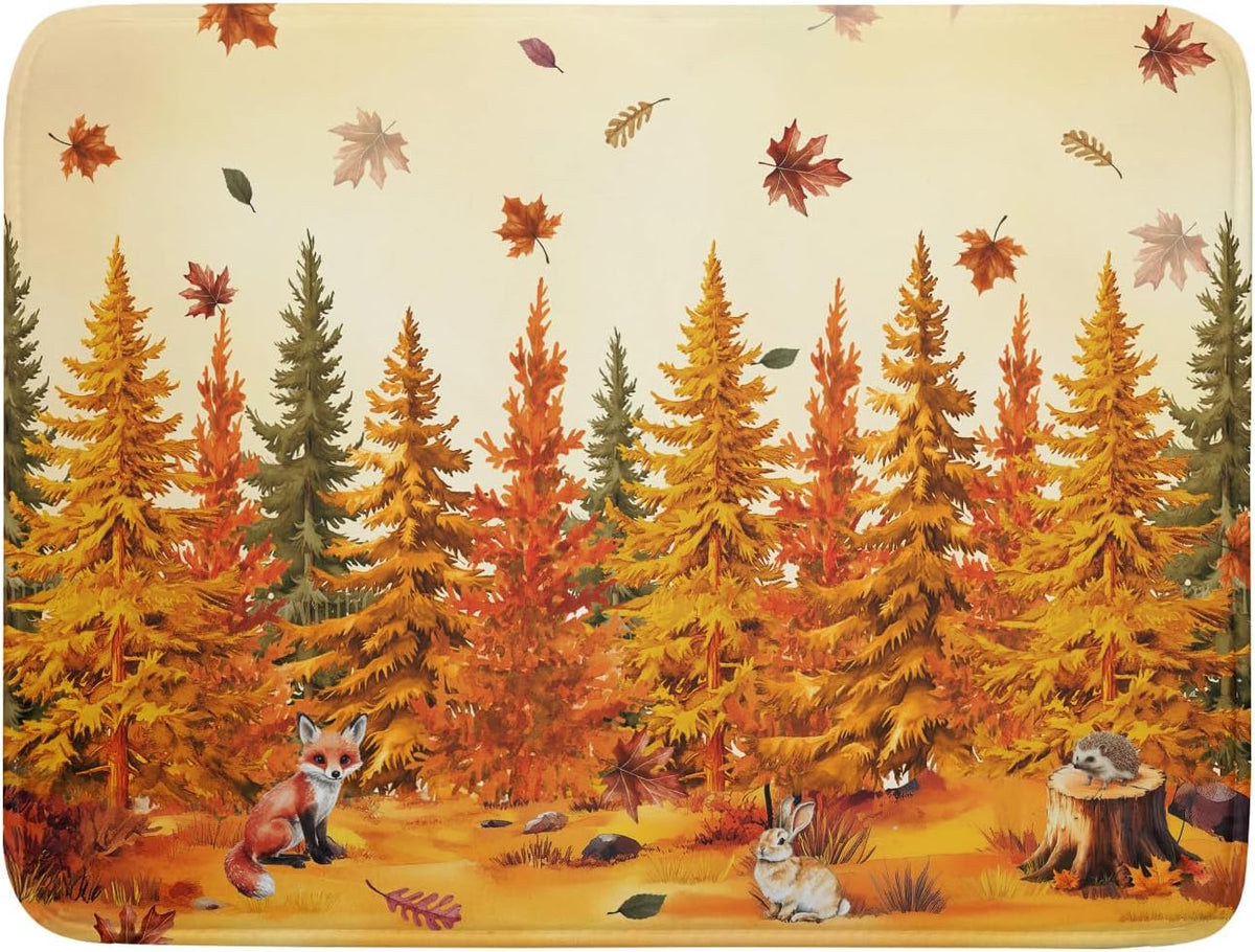 Autumn Forest Dish Drying Mat - Welcome Fall Fox Drying Pad for Counter Wildlife Dish Drainer Mat Cabin Animal Kitchen Accessories 18 X 24 Inch