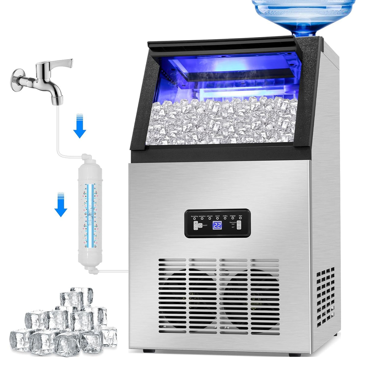 Commercial Ice Maker Machine 100Lbs/24H with 2 Water Inlet Modes, 36Pcs Ice Cubes in 8-15 Mins, Stainless Steel Under Counter/Freestanding Ice Machine with 24Lbs Storage Bin for Home/Shop/Office/Bar
