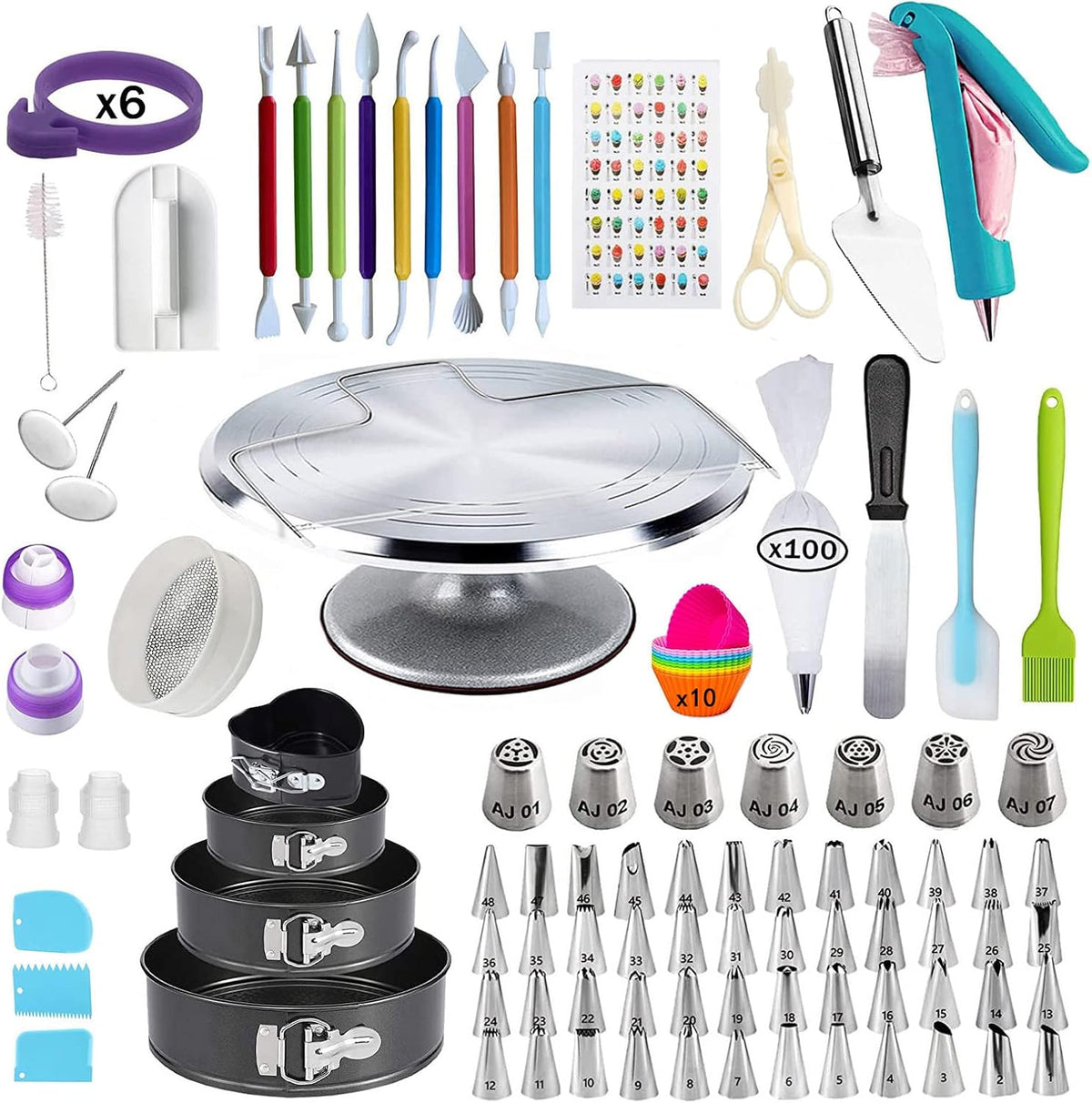 204 PCS Cake Decorating Kit, Aluminum Rotating Turntable Stand, Baking Supplies Kit Set with 4 Springform Pan Sets, 55 Icing Piping Nozzles, Cake Topper, Icing Spatula, Scraper, Pro Baking Tools
