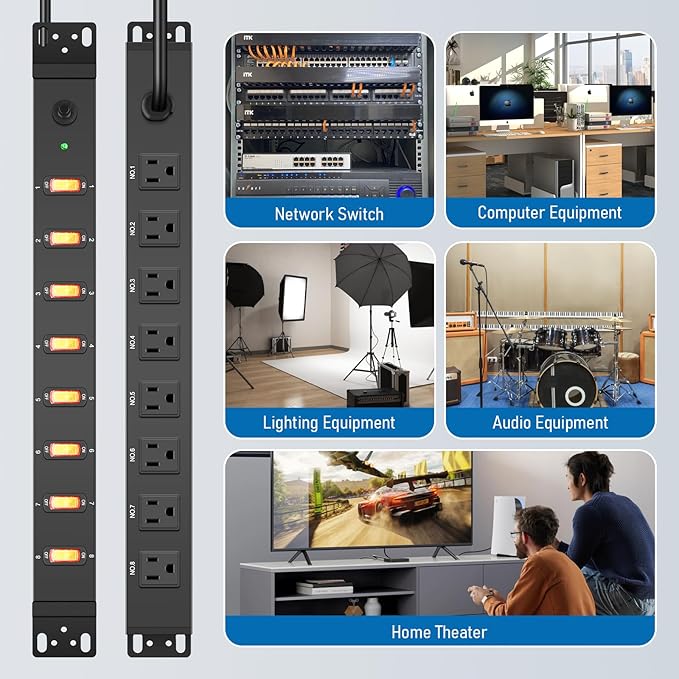 HHSOET 1U Rack Mount Surge Protection, 8 Outlet PDU Power Strip, Metal Mountable Outlet Strip with Switch, 6ft Power Cord.