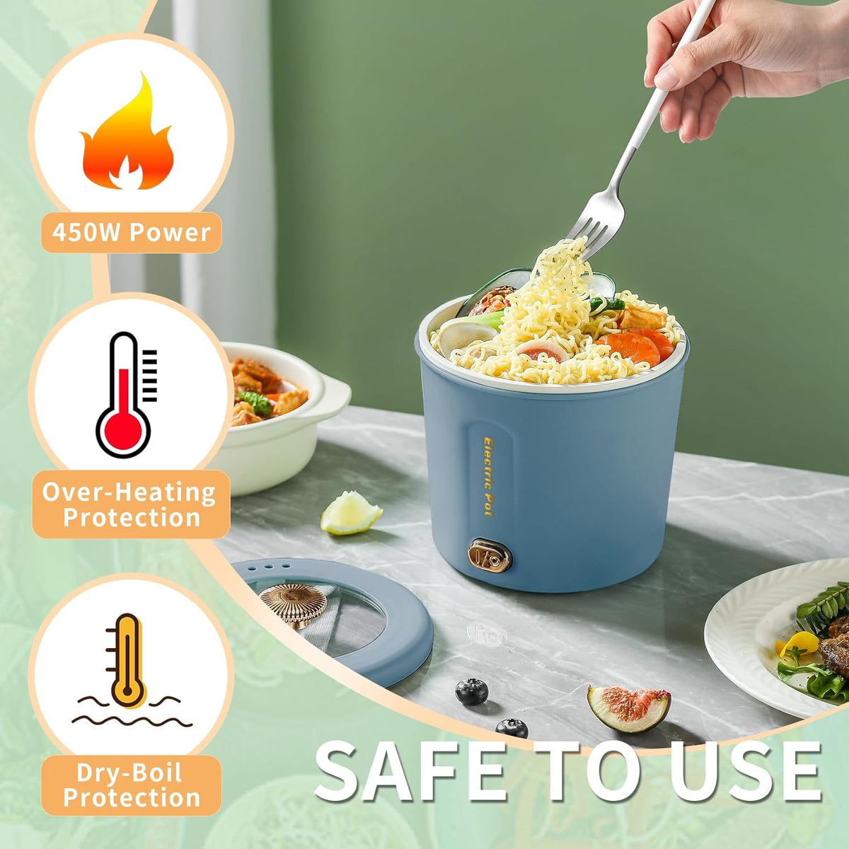Hot Pot Electric, 1L Mini Ramen Cooker, 450W Rapid Noodles Cooker, Multifunctional Electric Pot for Cooking Pasta, Soup, Portable Pots with Over-Heating Protection for Dorm, Office, Travel