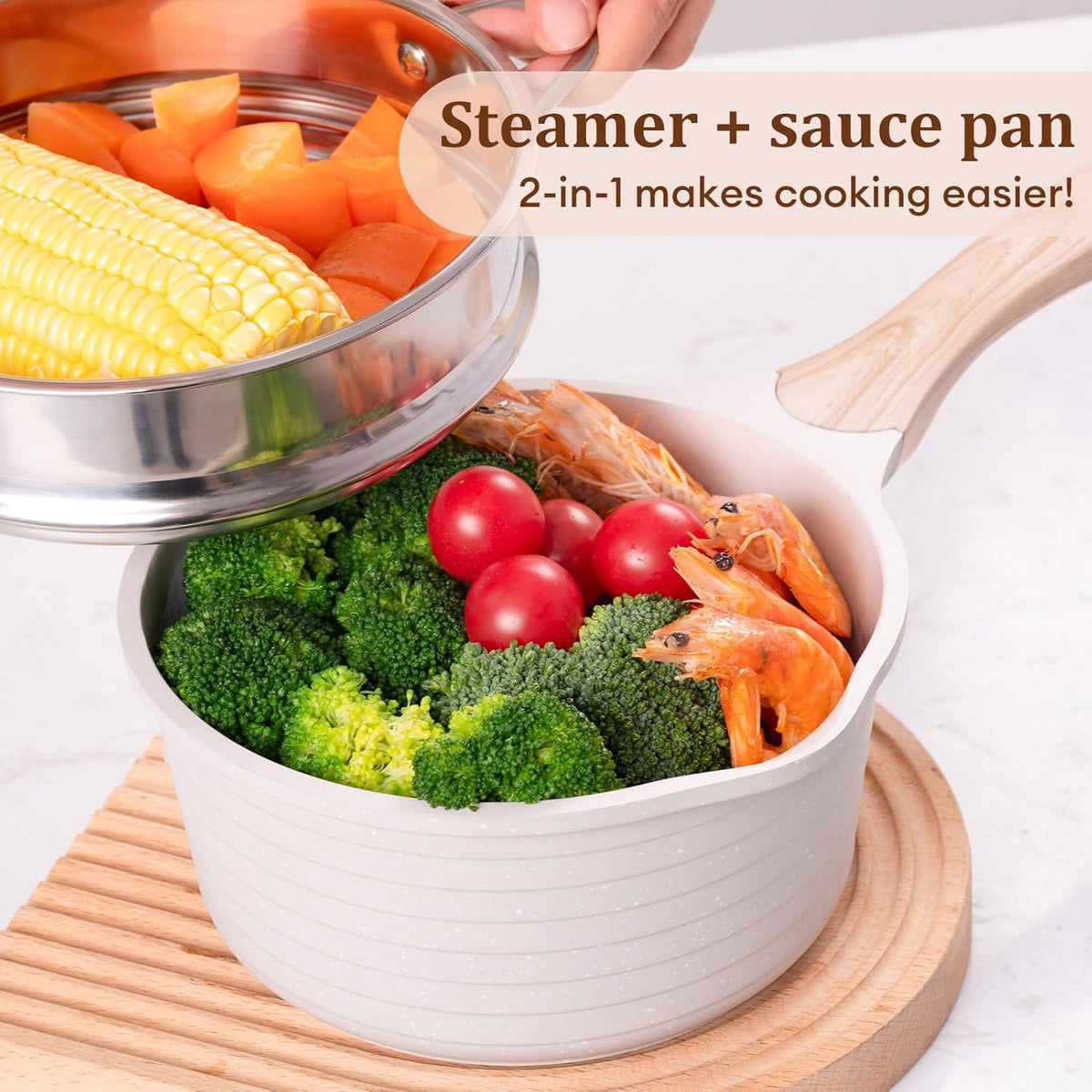 JEETEE 2.5 Quart Saucepan with Steamer Basket, Small Sauce Pot with Lid，Nonstick Coating with Pour Spout, Induction Compatible Cookware Sauce Pan for Cooking, PFOA/PFOS Free