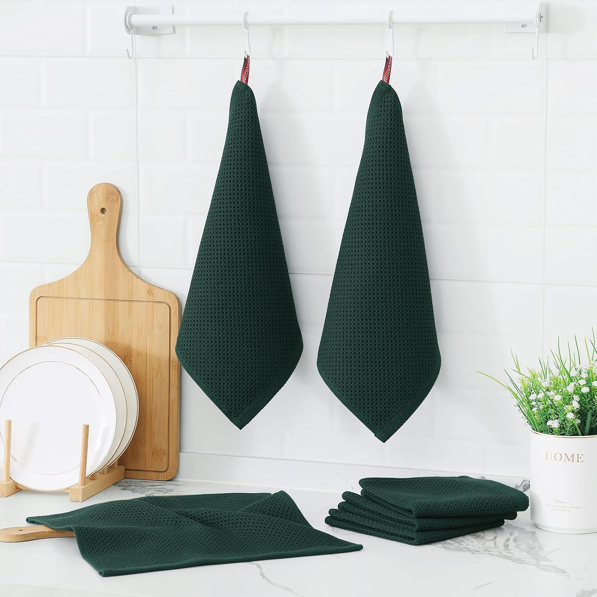 Kitinjoy 100% Cotton Kitchen Dish Cloths, 8 Pack Waffle Weave Ultra Soft Absorbent Dish Towels for Drying Dishes Quick Drying Kitchen Towels Dish Rags, 12 X 12 Inches, Blackish Green
