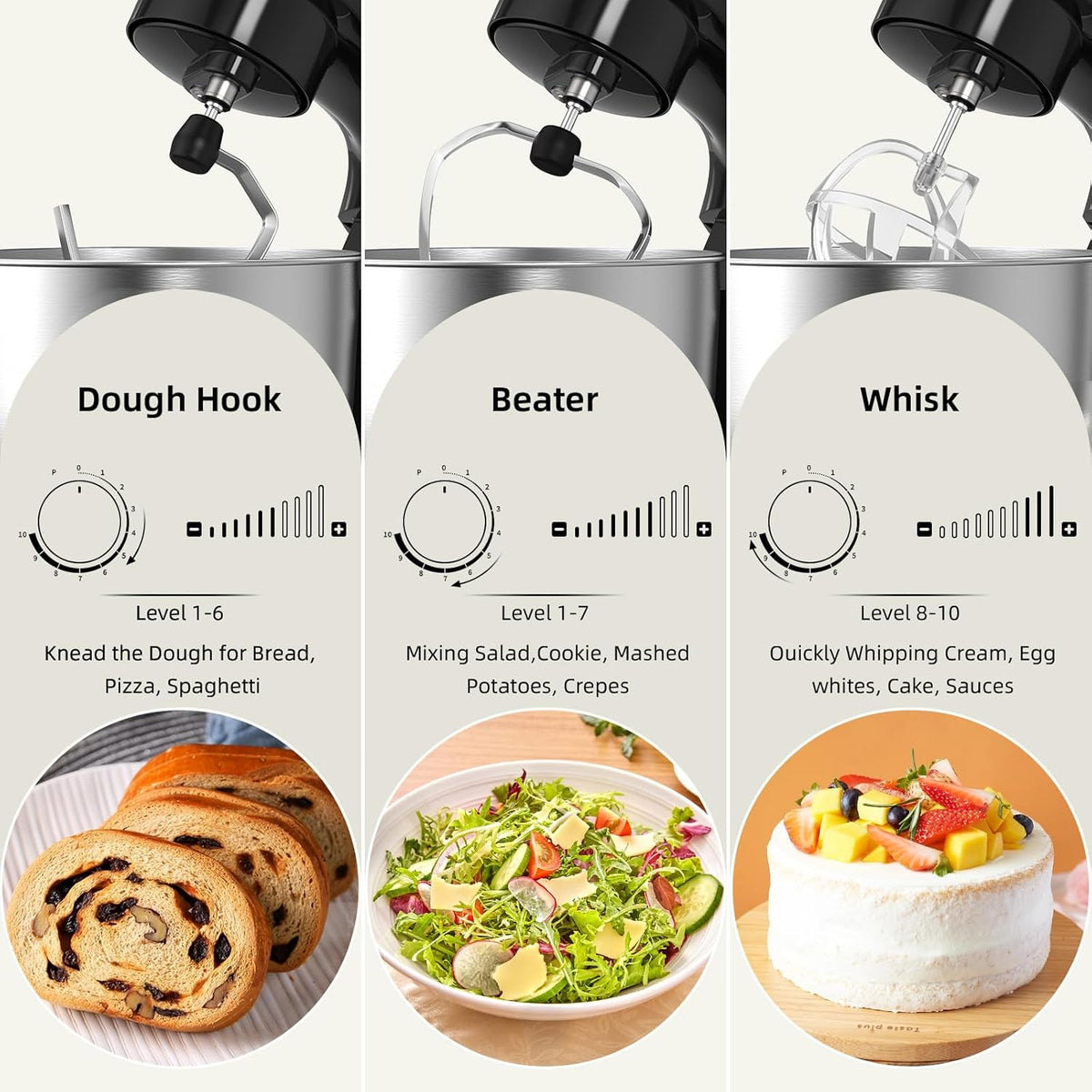 Electric Stand Mixer,10 Speeds Tilt-Head Food Mixer, 3-IN-1 Kitchen Mixer for Daily Cooks with 6 QT Bowl,Dough Hook, Beater, Whisk (Onyx Black)