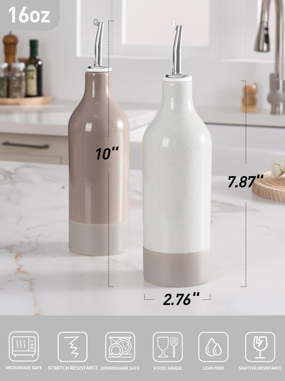 famiware Milkyway 16oz Ceramic Olive Oil Dispenser Bottle, Olive Oil and Vinegar Dispenser Bottle Set of 2 with Stainless Steel Pourers, Suitable for Storage Vinegar, Liquids, White and Cinnamon Brown