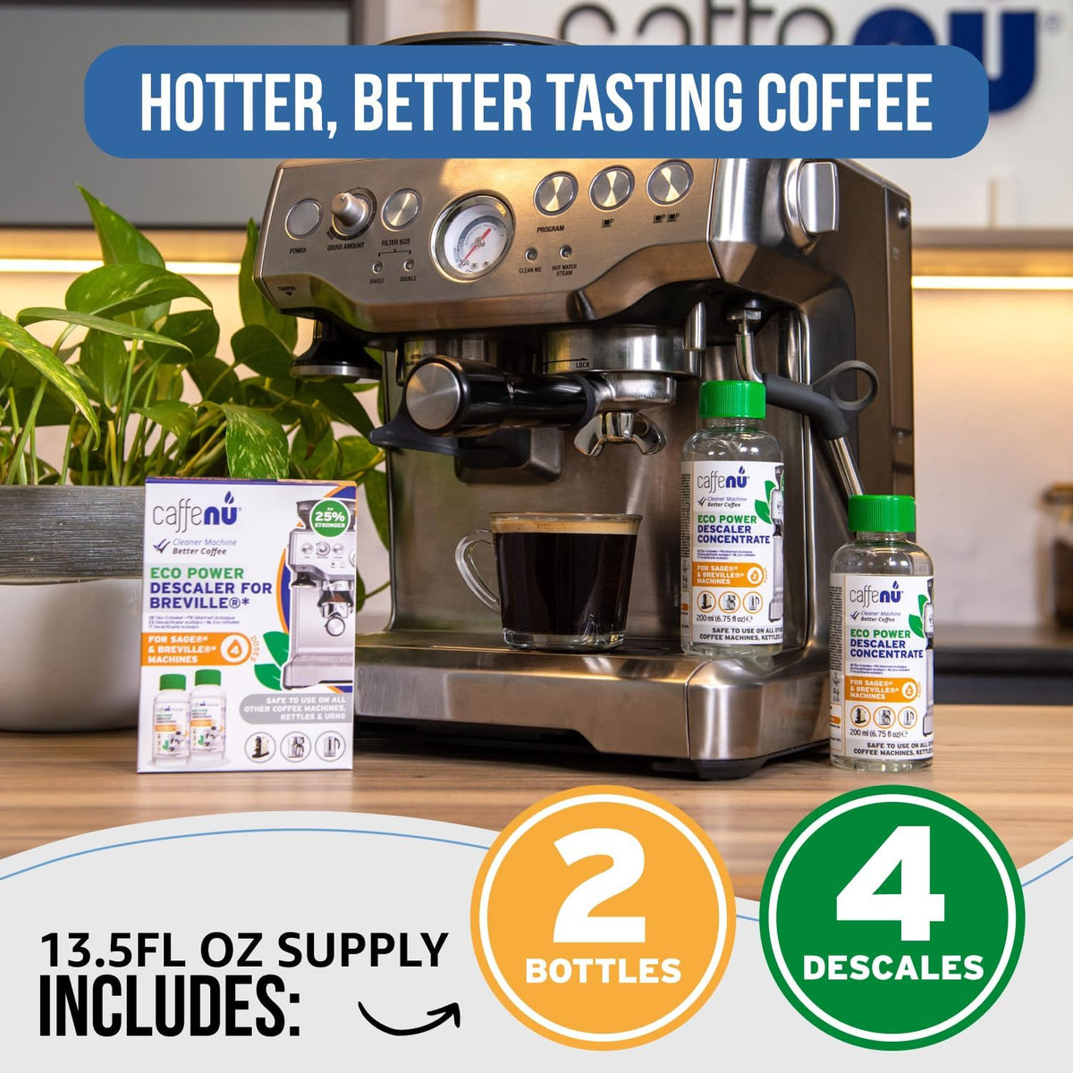 Breville Compatible Descaling Solution. 2 Bottles of Descaler Solution. Descaling Kit Removes Limescale For Hotter Coffee. 4 Uses Descaler For Breville Coffee Machines.