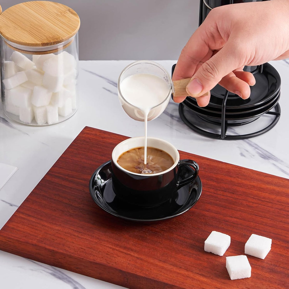YOLIFE 2.5oz Porcelain Stackable Espresso Cups with Saucers and Metal Stand Set of 4, Stackable Cappuccino Cups, Black Expresso Shots Cup Set for Coffee Drinks, Latte, Tea