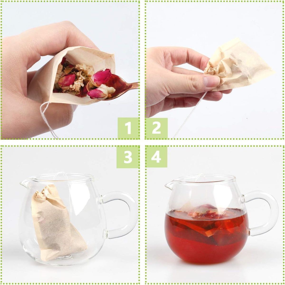 100Pcs Disposable Tea Bags for Loose Leaf Tea, 100% Natural Wood Pulp Paper Material, Empty Unbleached Filter Bags with Drawstring