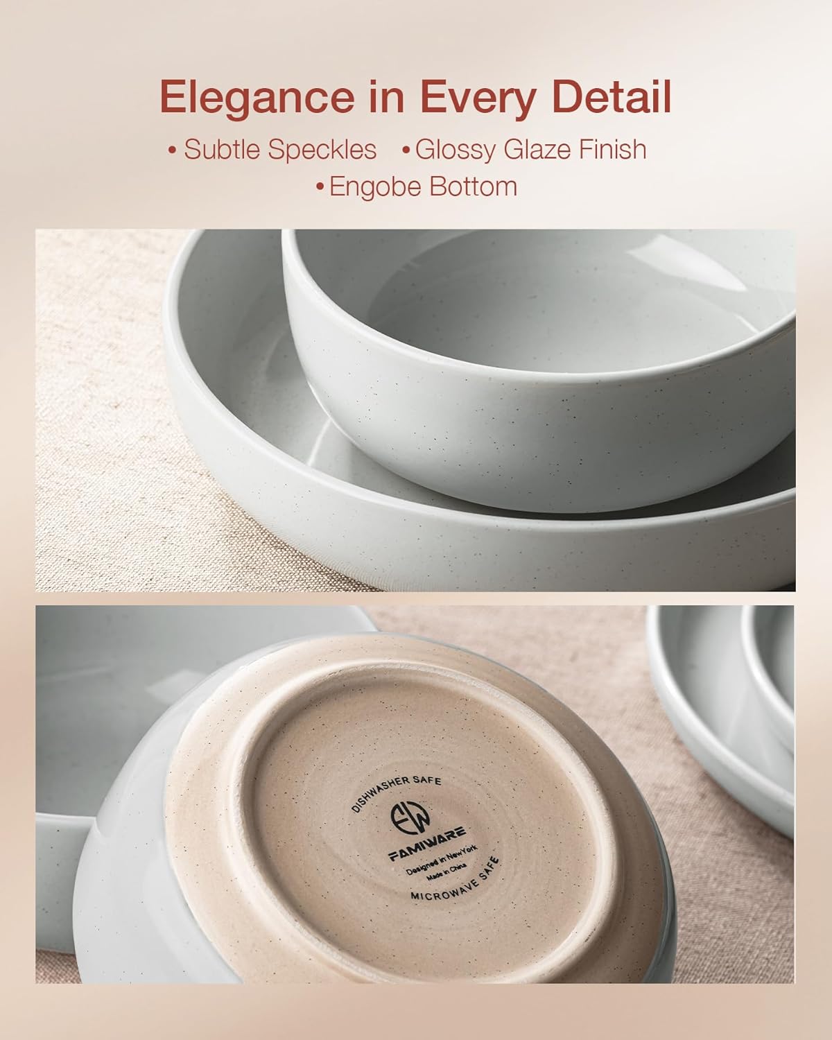 Famiware Milkyway Dinnerware Sets, 24 Piece Dish Set, Plates and Bowls Sets for 8, Light Gray