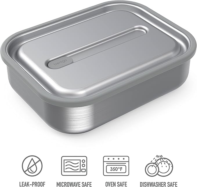 Bentgo MicroSteel Leak-Proof Lunch Box - Microwave-Safe, Oven-Safe, Bento-Style Container with Removable Divider, Airtight Lid, Sustainable Design, Odor & Stain Resistant (Stainless Steel)