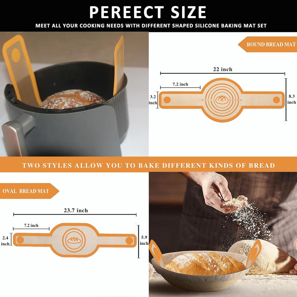 Silicone Bread Sling Oval and Round for Dutch Oven, KITMAL Non Stick Reusable Silicone Baking Mat with Long Handles Sourdough Bread Baking Supplies and Making Tools, Orange