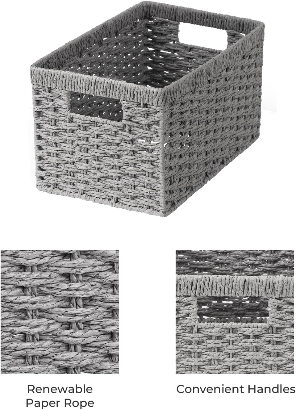 StorageWorks Round Paper Rope Storage Baskets, Rectangular Wicker Baskets with Built-in Handles, Gray, 2-Pack