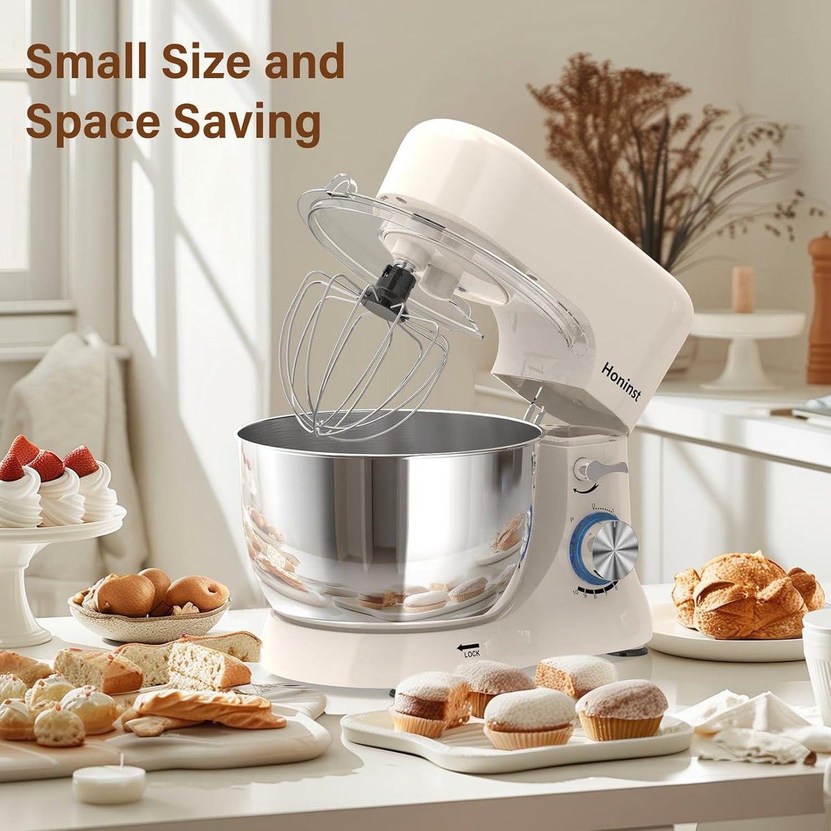 Stand Mixer，3-In-1 10-Speed 660W 5.5QT Tilt-Head Food Mixer， Electric Mixer with Bowl, Dough Hook, Whisk and Beater，Kitchen Mixer for Baking, Cake and Most Home Cooks, Beige