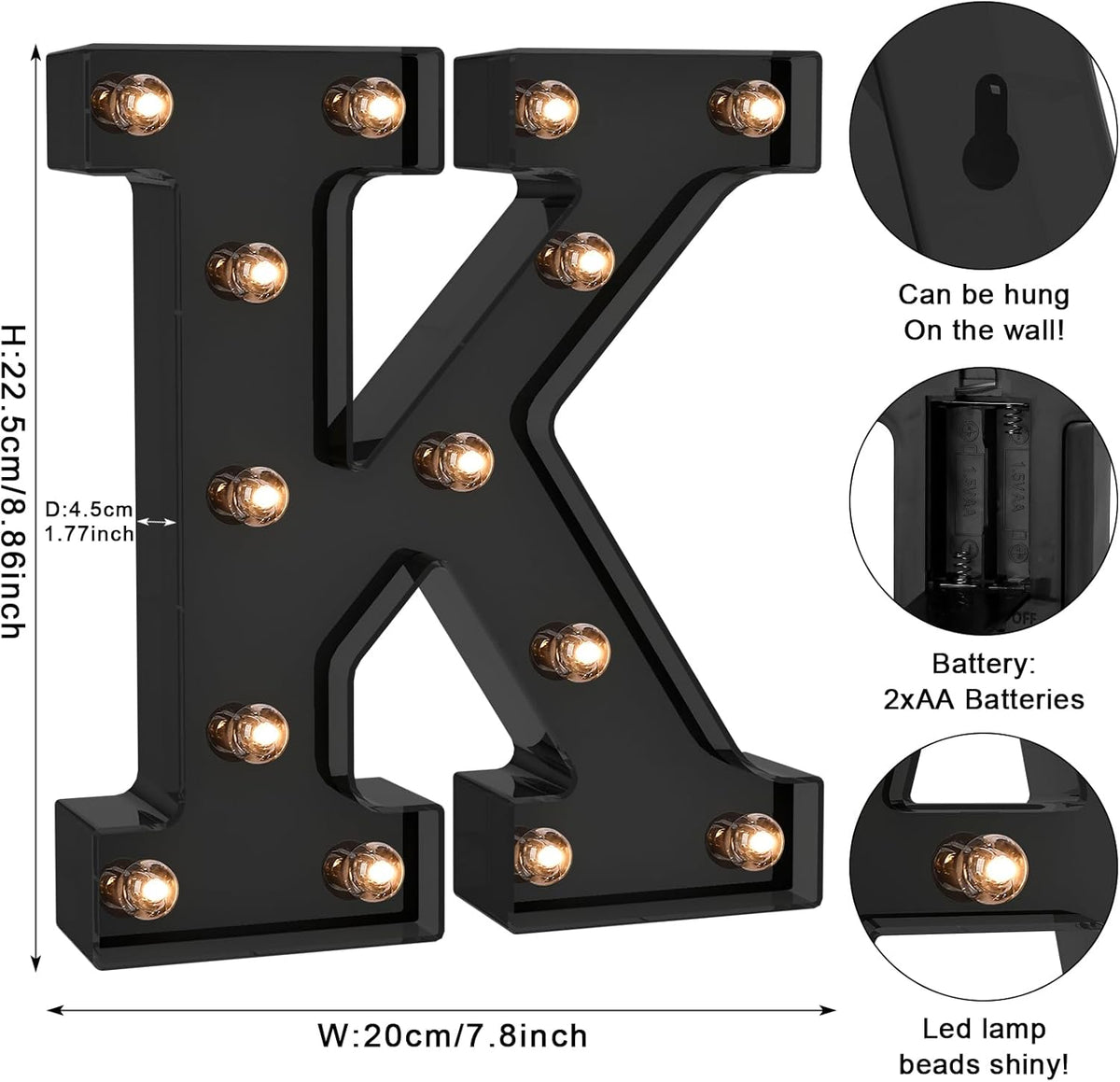 Foaky Black LED Letter Lights for Room Decor - Bedroom Wall Decor, Alphabet Lights for Home, Wedding, Party - Battery Operated （K）