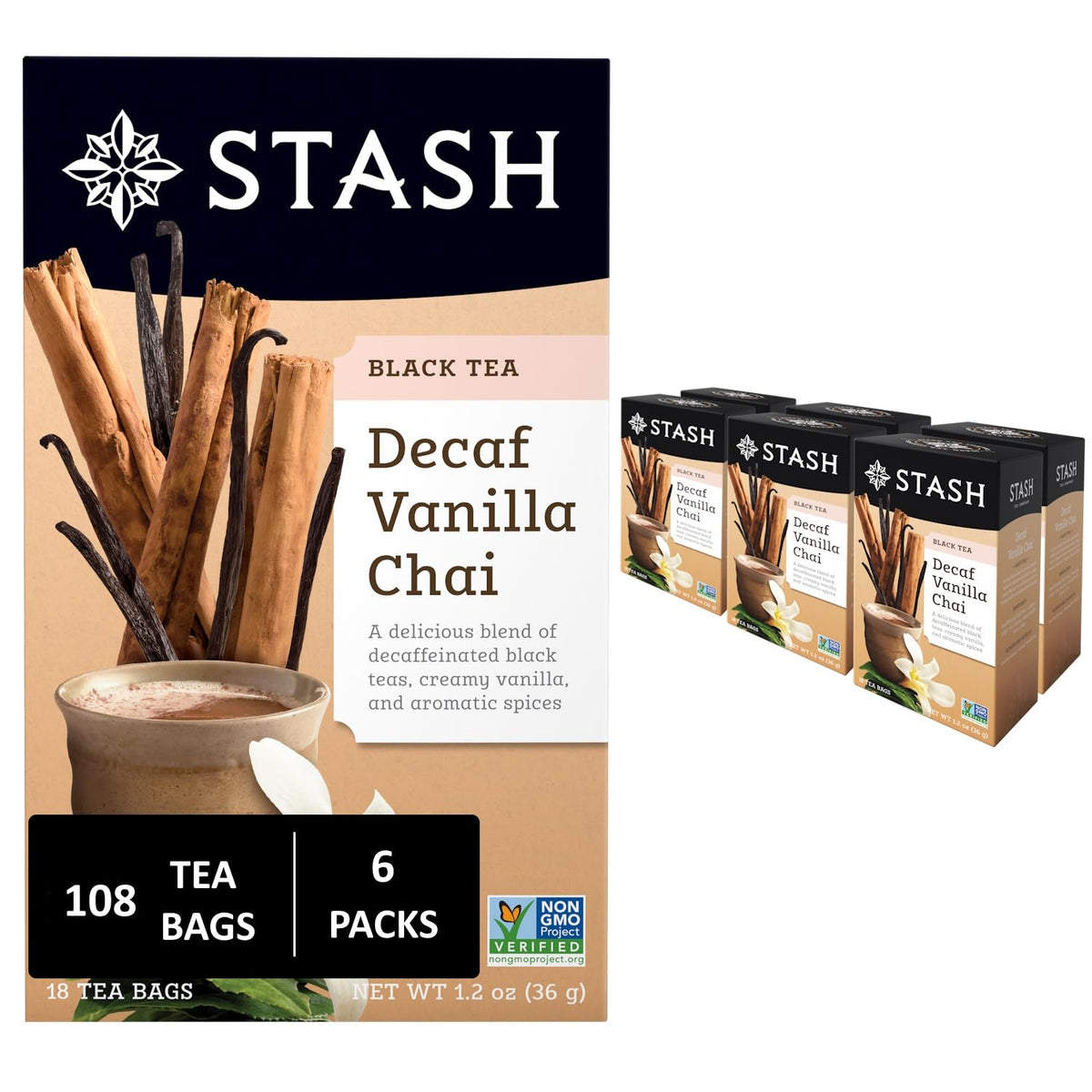 Stash Tea Decaf Vanilla Chai Tea, 6 Boxes With 18 Tea Bags Each (108 Tea Bags Total)