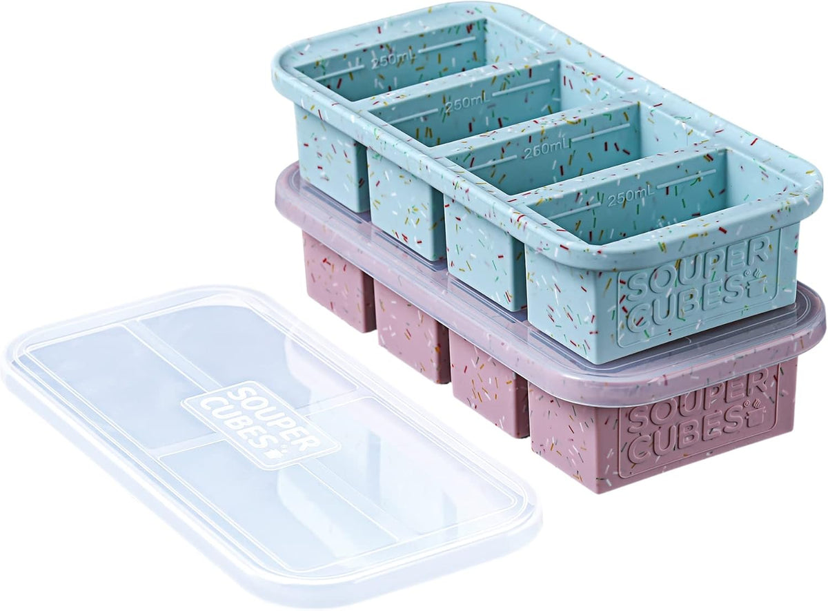 Souper Cubes 1 Cup Silicone Freezer Tray with Lids, Perfect for Storing Broth, Leftovers, Rice, Sauce and More, Silicone Soup Freezer Molds for Meal Prepping - Sprinkles - 2-Pack