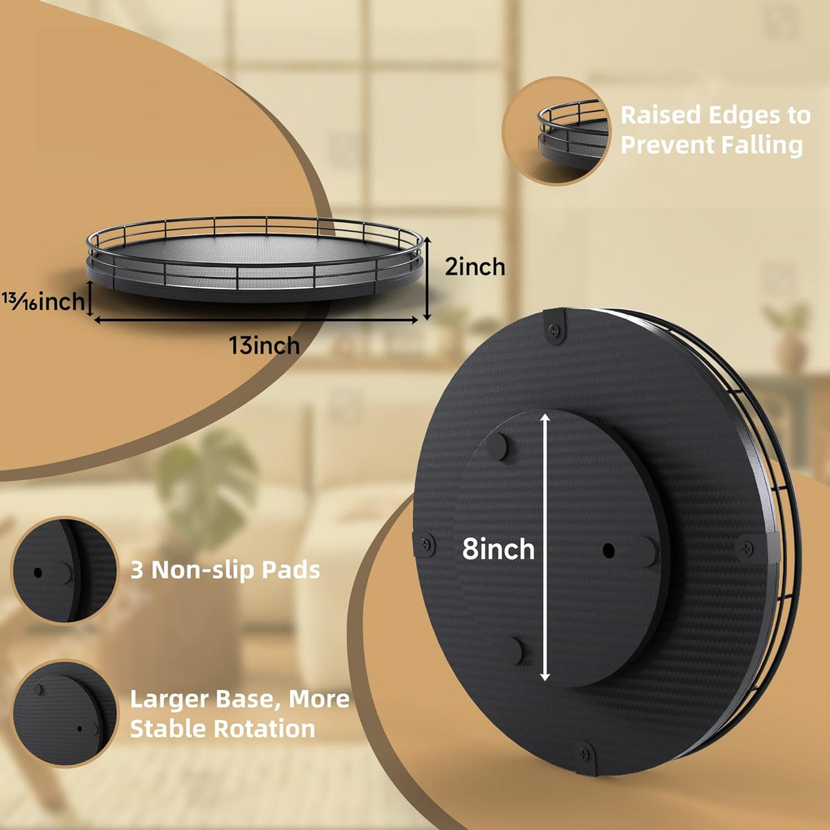 13" Lazy Susan Turntable Organizer for Table Top, Round Wooden Lazy Susan for Cabinet Kitchen Decor Centerpieces Coffee Table, Storage Condiments Spices, Bathroom Vanity Tray for Soap, Black