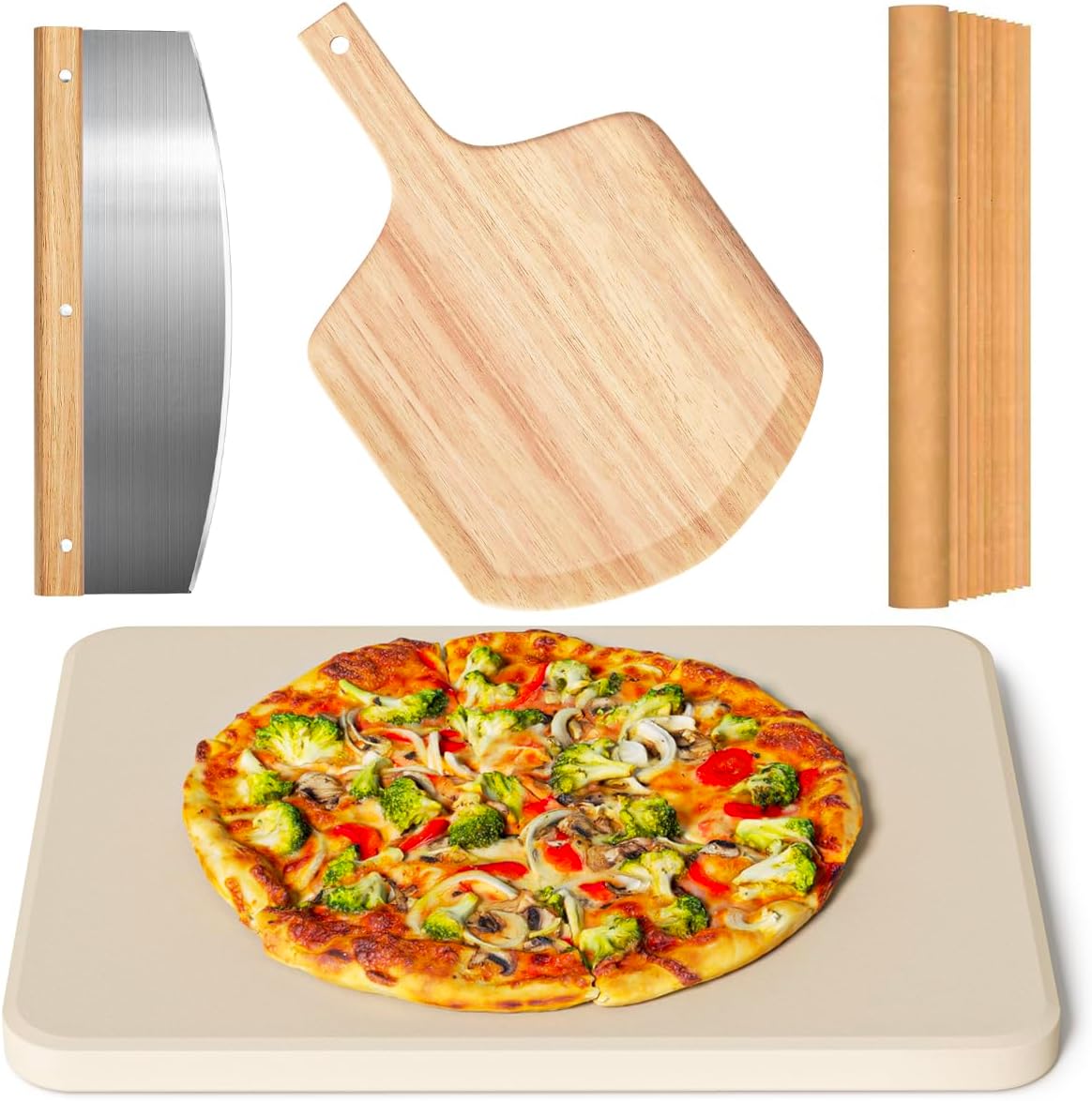 4 PCS Rectangle Pizza Stone Set, 15" Large Pizza Stone for Oven and Grill with Pizza Peel(OAK), Pizza Cutter & 10pcs Cooking Paper for Free, Baking Stone for Pizza, Bread,BBQ