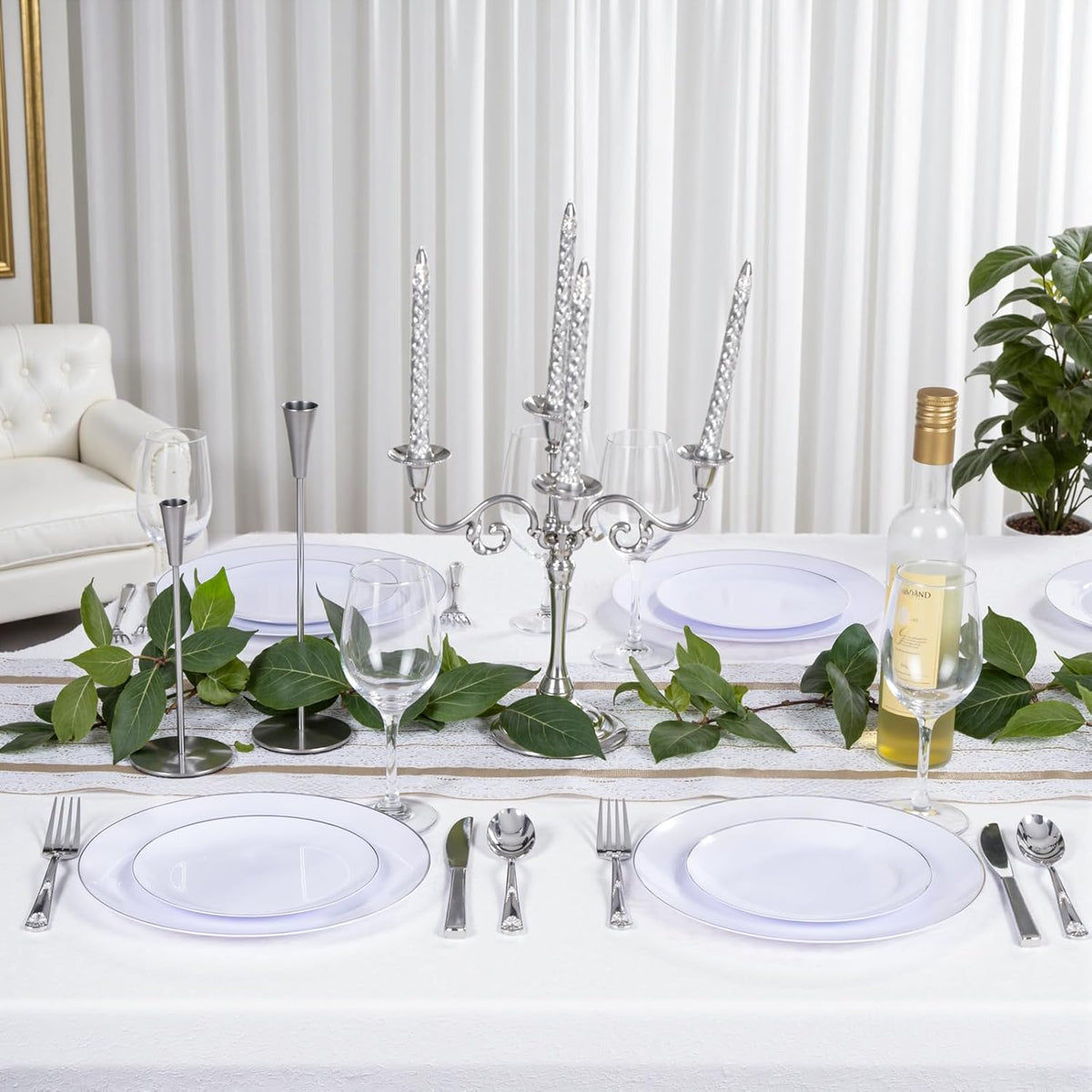KIRE 200PCS Silver Plastic Plates - White Plastic Plates with Silver Rim Include 100 Dinner Plate and 100 for Dessert/Salad Plate for Birthday/Wedding/Party