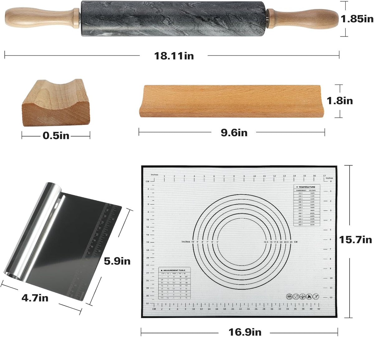 African Natural Marble Rolling Pin, Non-Stick Polished Dough Roller, Pasta, Dumpling, Fondant, Pie Crust, Bread, Pizza Dough, Kitchen Baking Pastry Tools with Mat/Scraper(Monte Grigio)