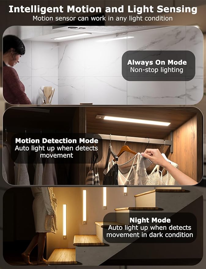 16" Ultra-Thin Under Cabinet Lighting Wireless, Aluminum Alloy Under Counter Lights for Kitchen, 3-Color-Temps Magnetic Closet Lights, Rechargeable Motion Sensor Light Indoor (6 Pack, Silver)