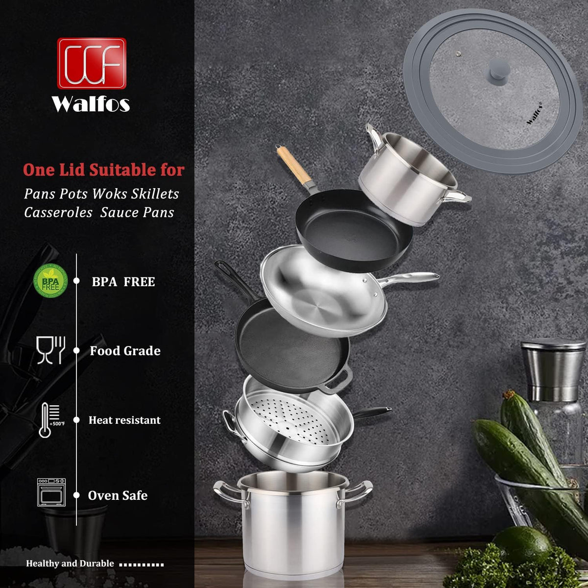 Universal Lid for Pots, Pans and Skillets - Walfos Tempered Glass Pan Lid with Heat Resistant Silicone Rim, BPA Free Large Pot Lids Fits 9.5", 10" and 11" Diameter Cookware, Dishwasher-Safe, Grey