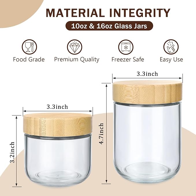 OcePor 6 Pack Glass Jars with Bamboo Lids, Over Night Oats Container with Airtight Lid, Glass Snack Storage Salad Jars For Food, Yogurt, Sugar and Flour,Coffee Bean, Cookie, Cereal