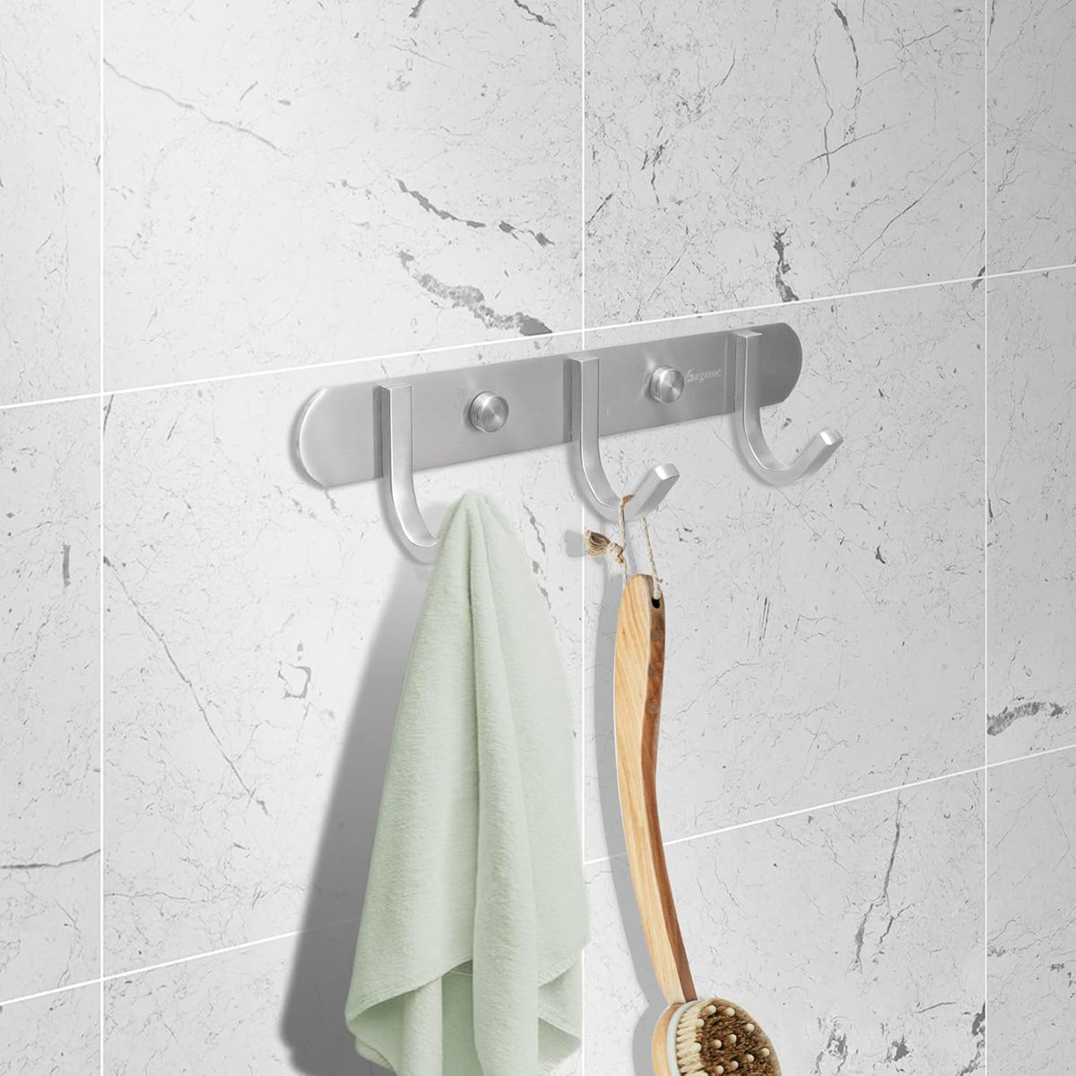 Coat Hook Rack Brushed Nickel 8-Inch Coat&Towel Hook Rail Wall Mounted with 3 Hooks, Durable Wall Hangers for Bedroom, Bathroom, Foyer, Hallway (SUS304 Stainless Steel)