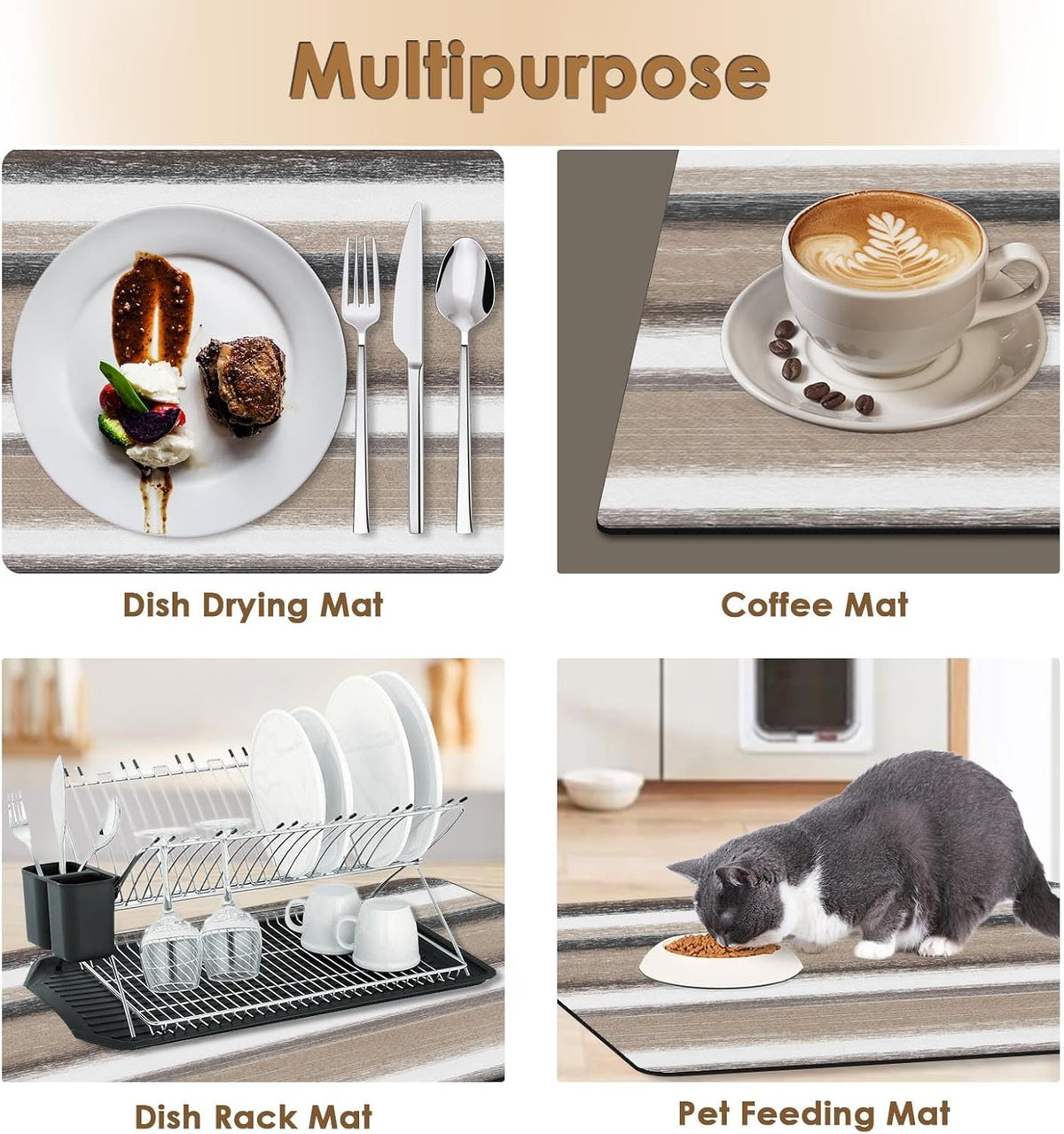 Arttown Coffee Mat for Countertops, Striped Abstract Tan Gray Retro Dish Drying Mat 2 Pcs for Kitchen Bar Accessories, Fit Under Coffee Maker Espresso Machine Dish Rack Hide Stain Rubber 12x19in