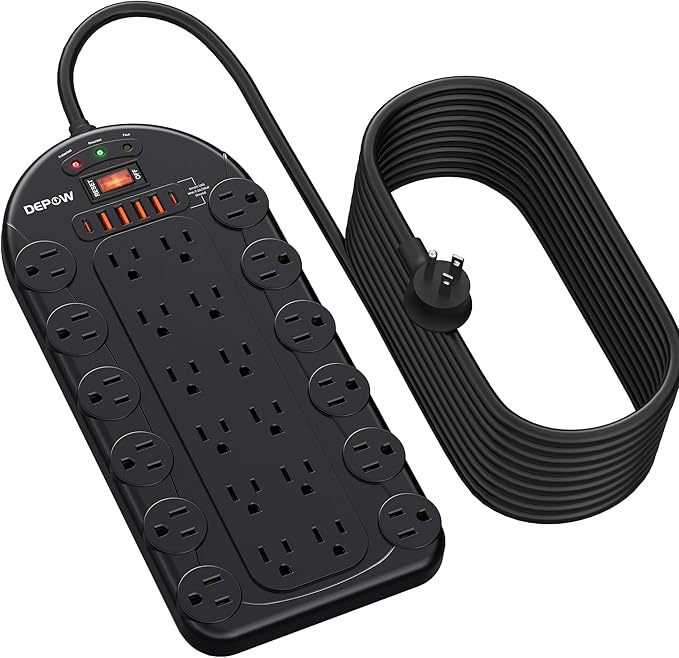 15Ft Power Strip Surge Protector (3,400 Joules), DEPOW 24 AC Multiple Outlets (1875W/15A) with 6 USBs (2 USB-C Ports), ETL Listed, Flat Plug Heavy Duty Long Extension Cord for Home, Office, Black