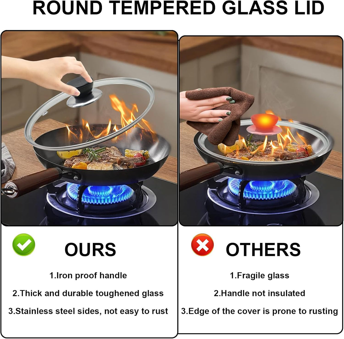 12 Inch Pan Lid, Tempered Glass Lid, Cast Iron Skillet, Pot,Replacement Pan Cover, Clear Frying Pan Lid Fits Pots, Pans and Skillets, Dishwasher Safe