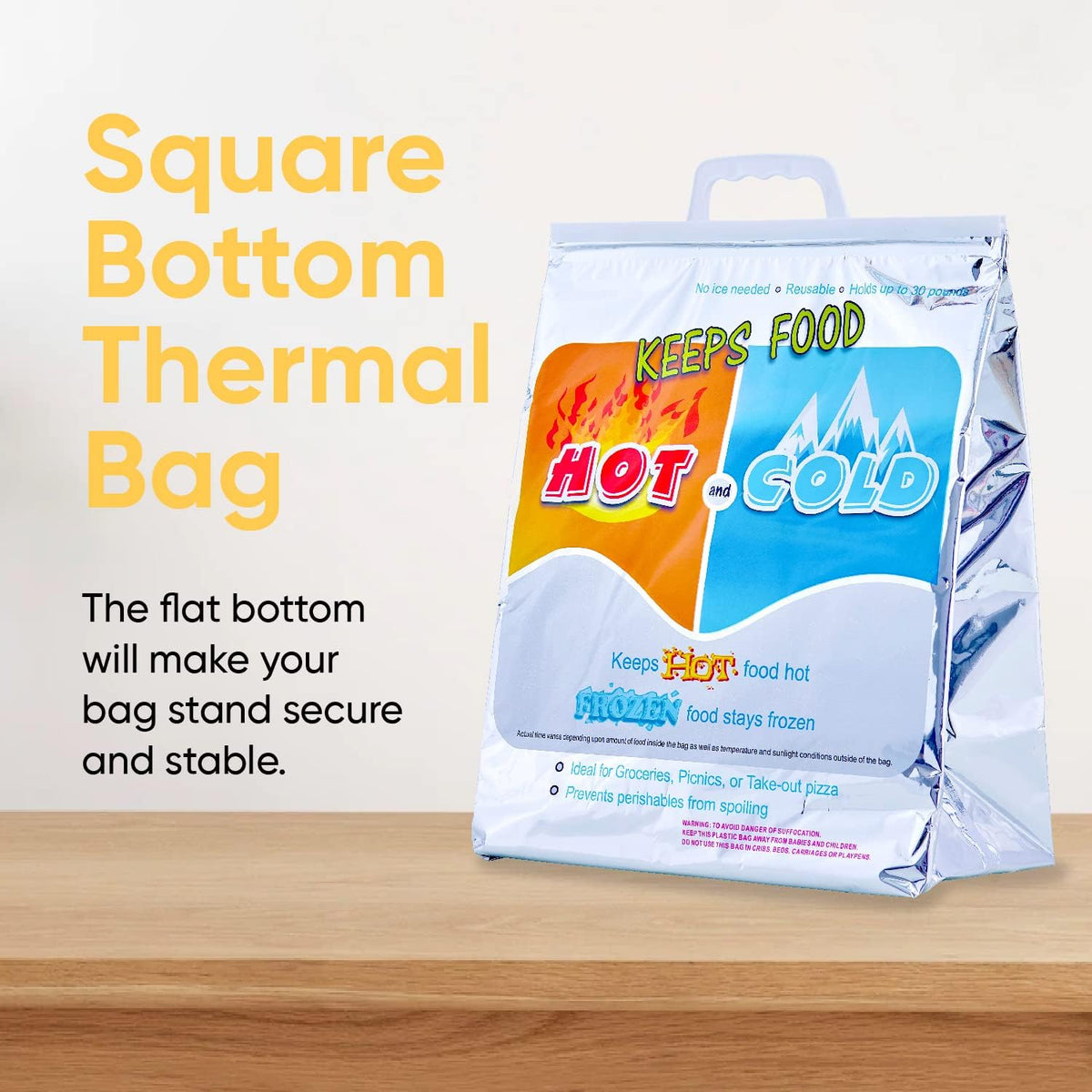 Superio Hot and Cold Insulated Bags for Food Delivery, Grocery Shopping Bags, Food Storage for Hot and Frozen Food for Travel, Disposable Cooler Bag, Reinforced Thermal Lunch Bag (6, 13"x7"x15.5")