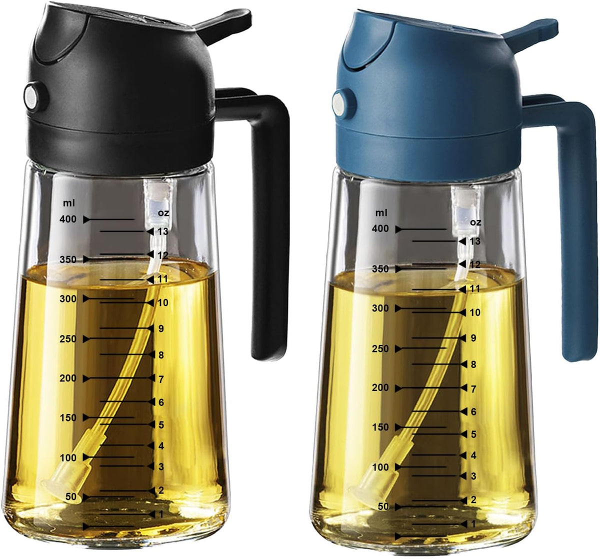 TrendPlain 16oz/470ml Glass Olive Oil Sprayer for Cooking – 2 in 1 Olive Oil Dispenser Bottle for Kitchen Gadgets and Air Fryer Accessories, Salad, BBQ - Black & Navy