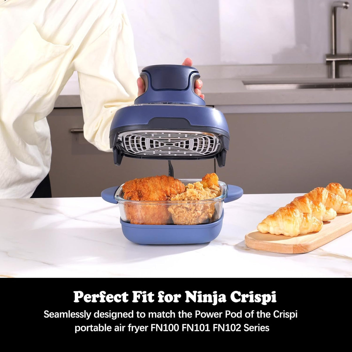 6 Cup Baking Dish Set - 2 Pack, 7 Inch Square Tempered Glass Food Storage Containers with Crispy Tray Compatible with Ninja Crispi Air Fryer - Oven, Microwave, Freezer and Dishwasher Safe