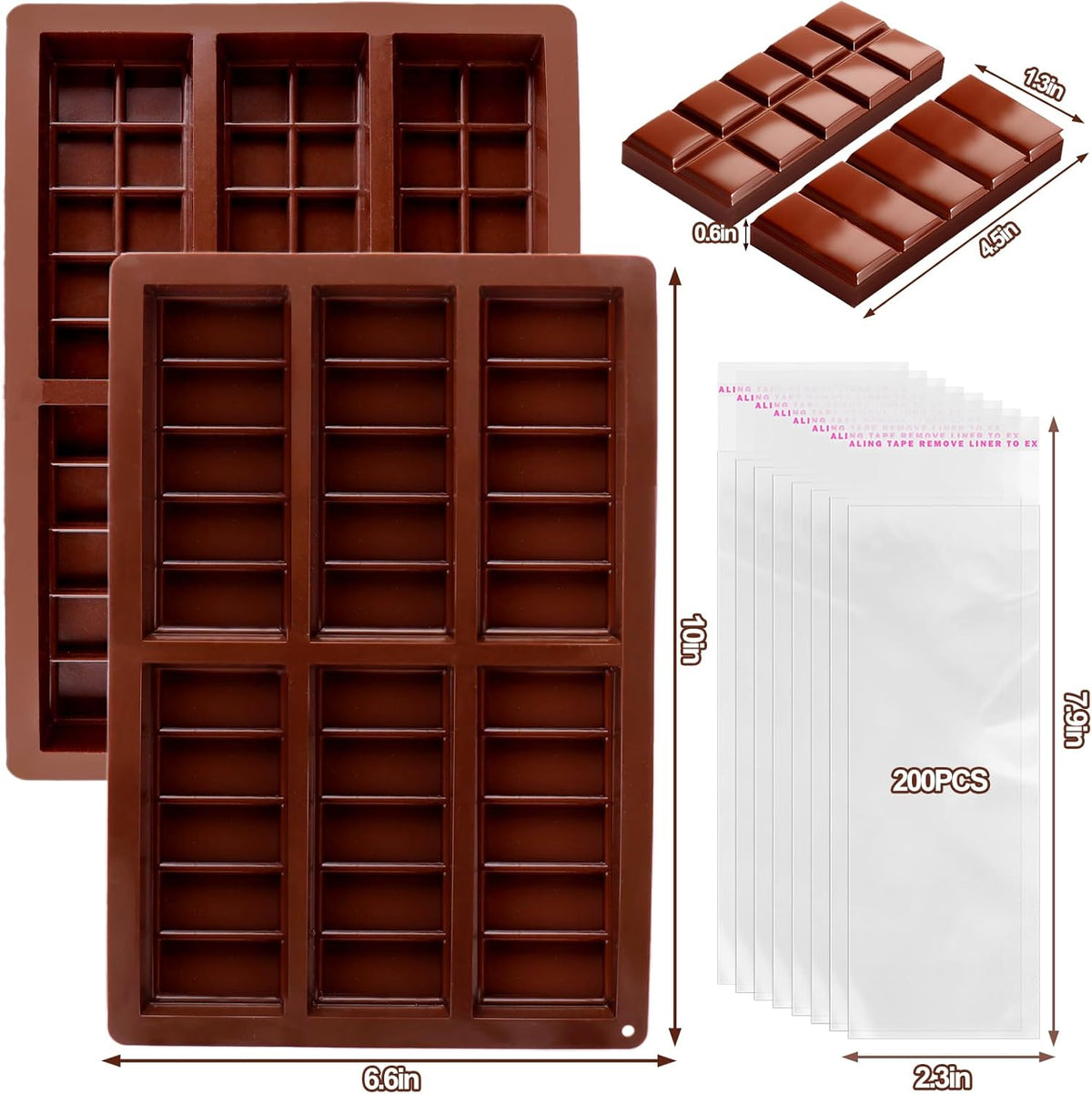 Mity Rain Chocolate Bar Mold Deep - Silicone Thick Mold for Stuffed Bars, Knafeh Pistachio Chocolate Break Apart Candy Molds With 200pcs Storage Bags (Square + Rectangle)