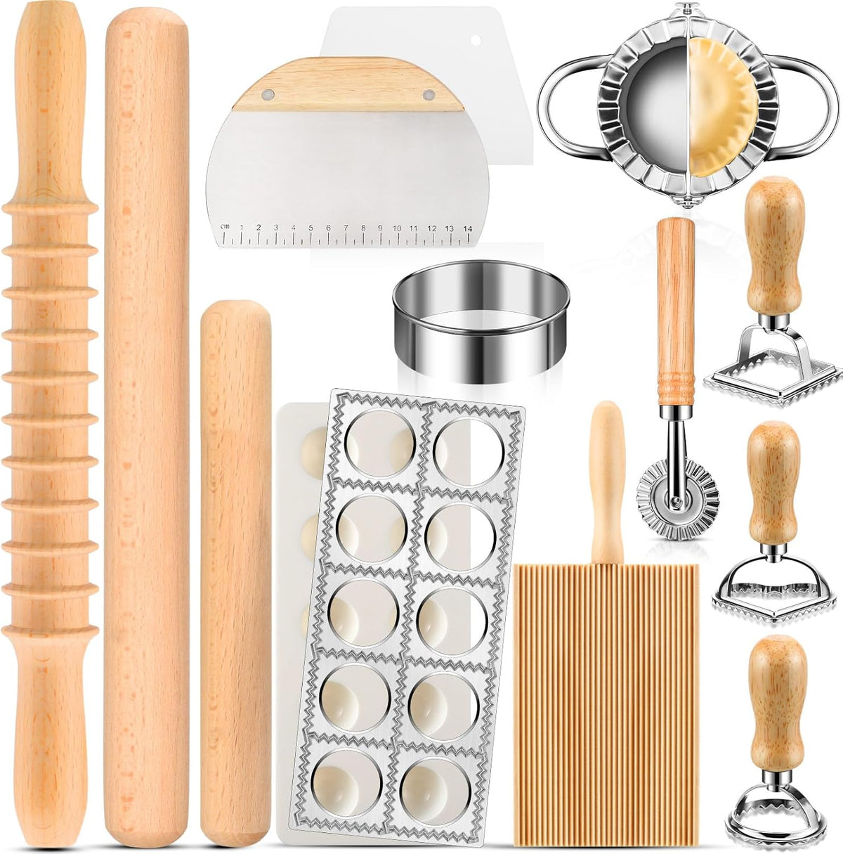 14 Pieces Pasta Making Tools Set, Ravioli Mold Set, Ravioli Maker with Roller Wheel, Ravioli Cutter Set with Wooden Handle, Pasta Making Kit for Ravioli Press Mold. Suitable for Home and Beginners