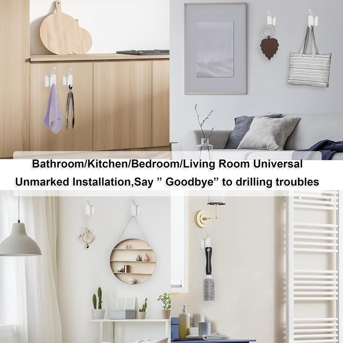 Aluminum Wall Hooks, No Drill Damage-Free Adhesive Hook, Product for Hanging Heavy Duty for Bathroom Kitchen Home (Double Square White Hook, 4)