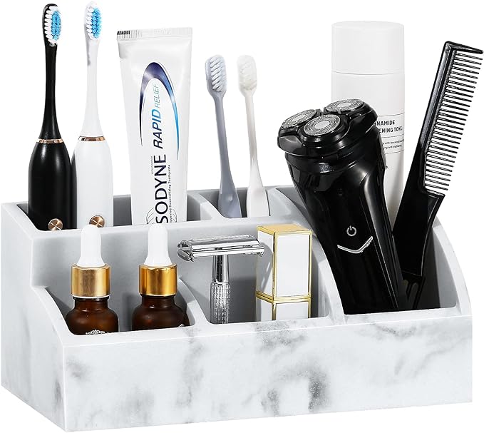 Luxspire Bathroom Counter Organizer, 5 Slot Toothbrush Holder, Marble Bathroom Accessories, Gravel White
