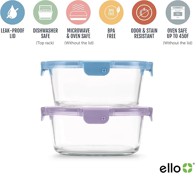 Ello Color Lock 7 Cup 4PC, 2 Pack Glass Meal Prep Sets Leak-Proof Glass Food Storage Containers with Airtight BPA-Free Plastic Lids, Dishwasher, Microwave, and Freezer Safe, Desert Festival