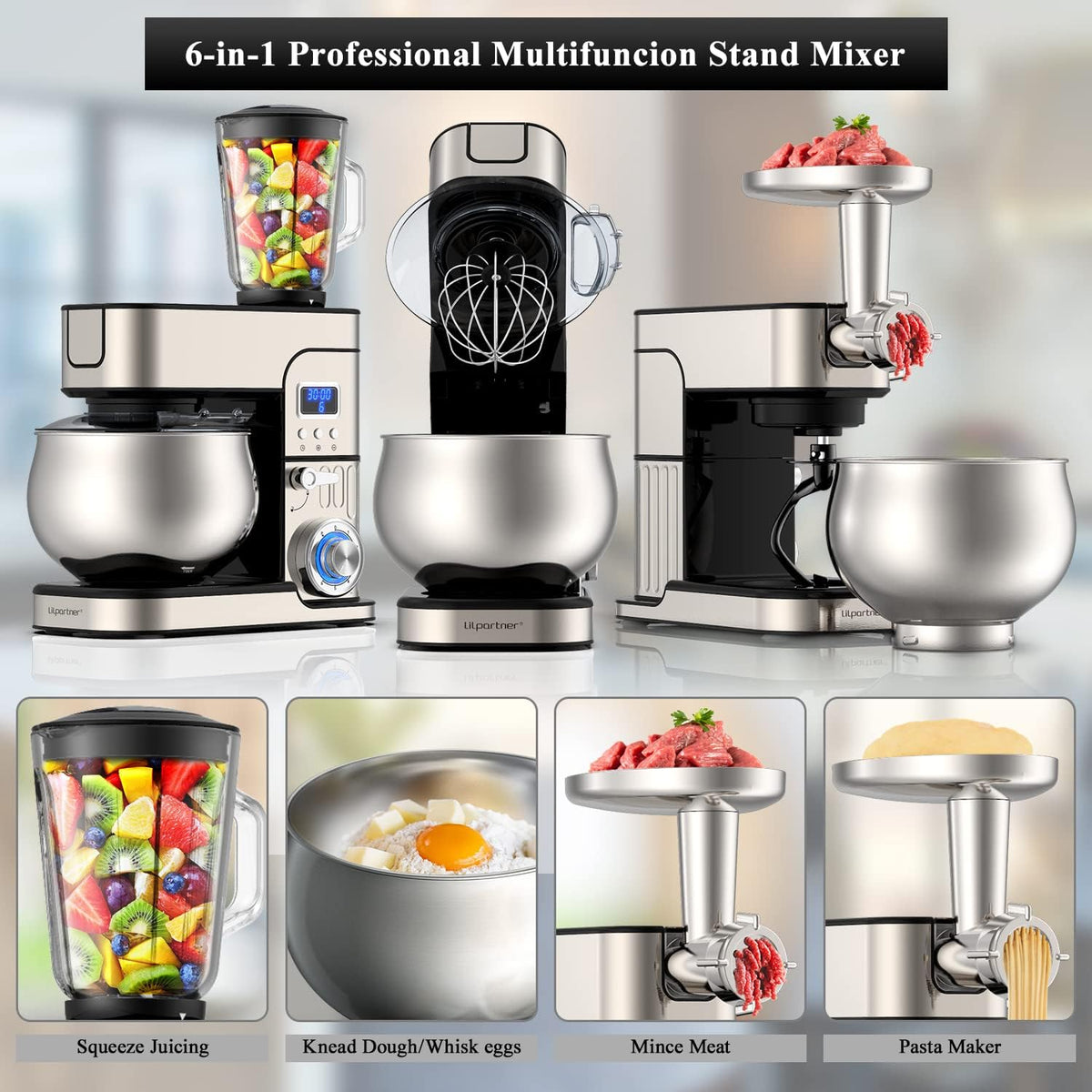 6-IN-1 Stand Mixer, LCD Display Kitchen Electric Mixer, 6.5QT Stainless Steel Bowl, Multi-Function Kitchen Blender With Dough Hook, Whisk, Beater, Meat Grinder, Splash Guard