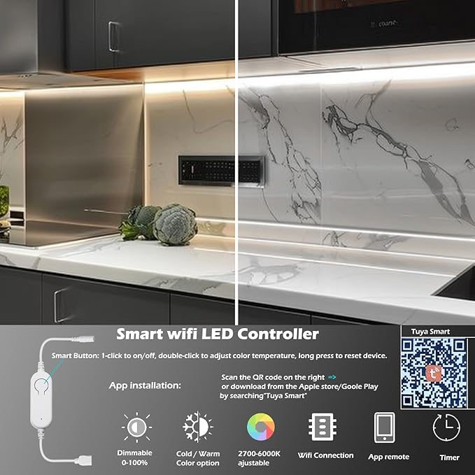 Cefrank Smart Under Cabinet Lighting, 4-Pack 12" V Shape LED Light Bar Kit - Dimmable 2700K to 6000K Color Adjustable, Control with App - Compatible with Alexa, Google Assistant